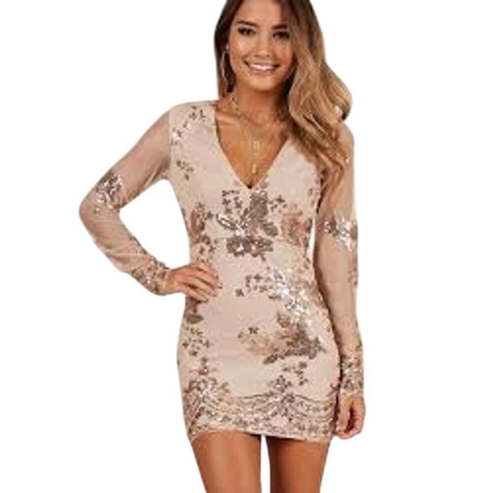 Gorgeous Showpo Long Sleeve Champagne Sequin  Mini dress  Women's Size S